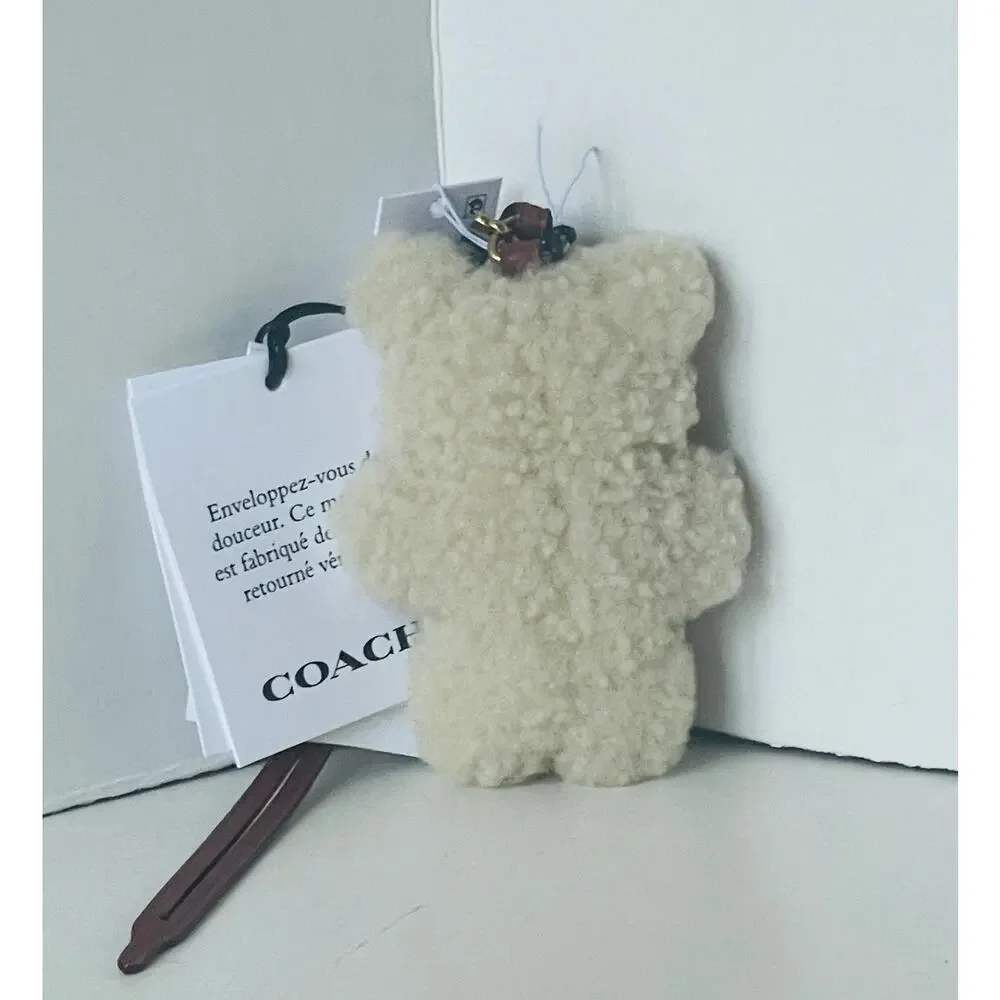 Coach Bear Puffy Bag Charm Teddy Shearling Leather Beige CDD52